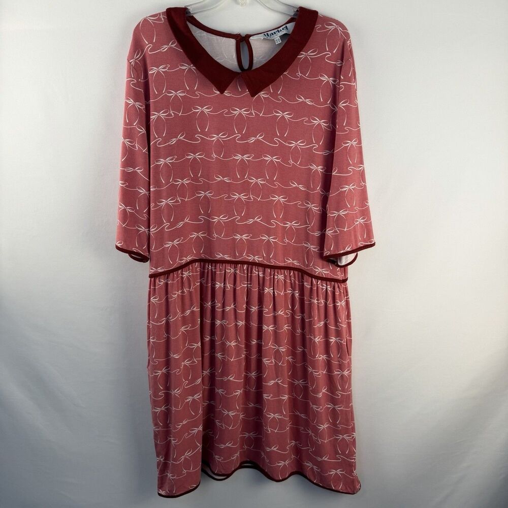 Harkel Womens Jersey Dress Pink Bow Print Peter Pan Velvet Collar Sz 14